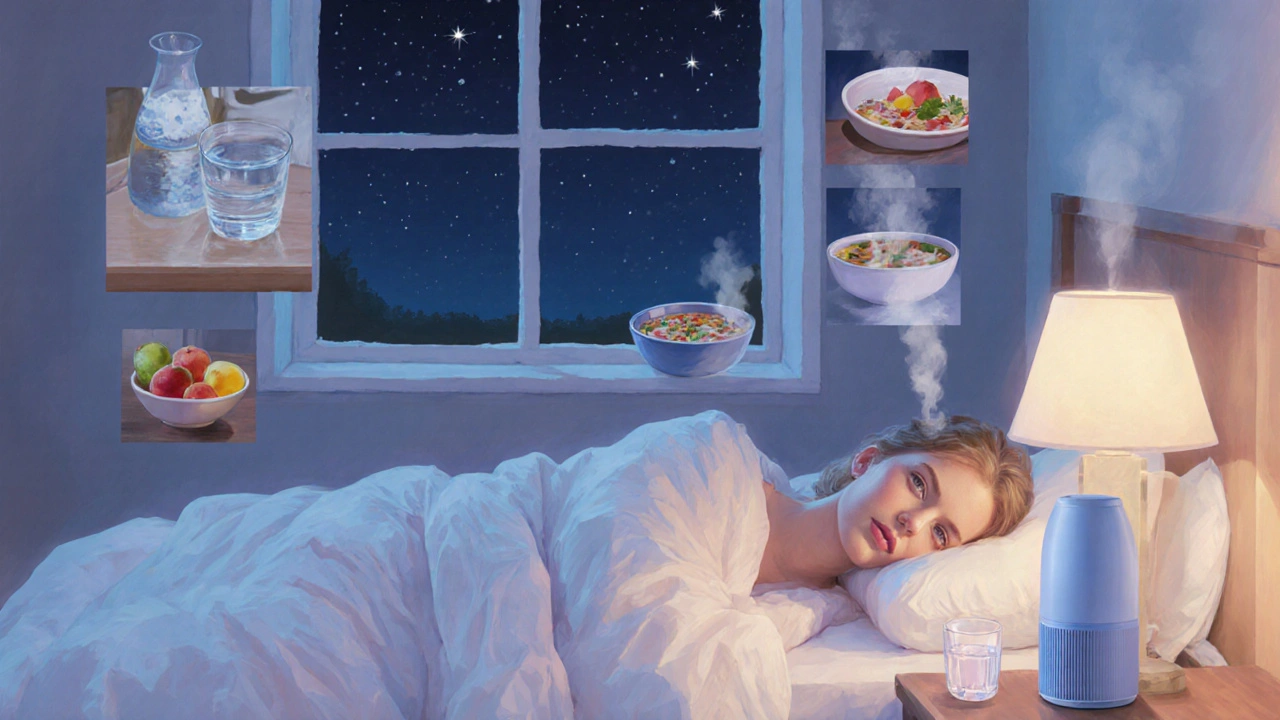 Calm bedroom scene showing a daily water‑intake routine leading to peaceful sleep.
