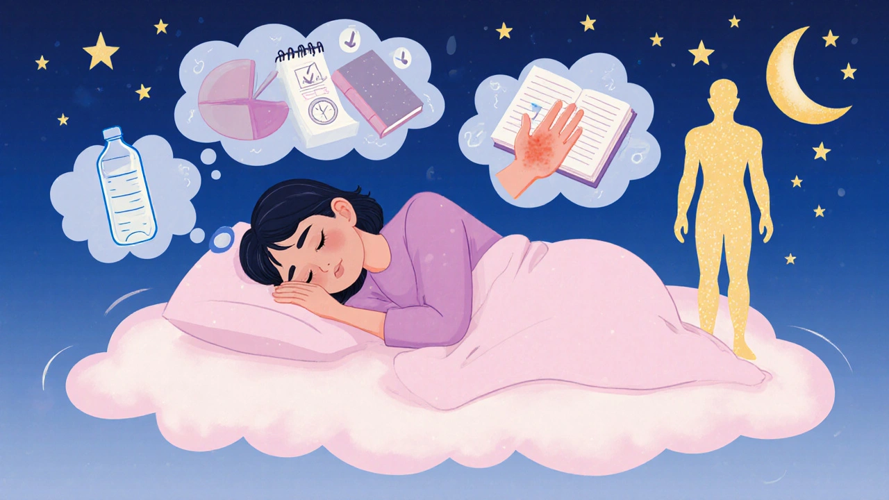 Calm night scene showing sleep, water bottle, journal, and improved skin.