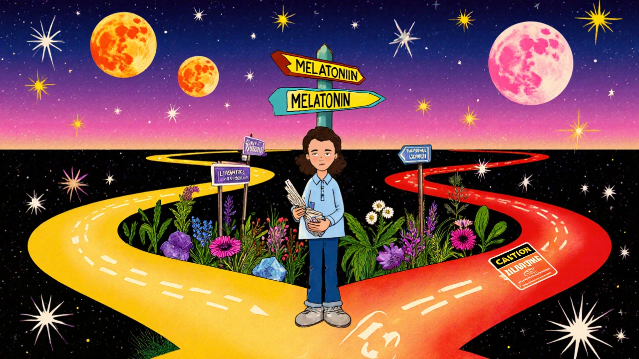 Cartoon figure at a colorful crossroads choosing between melatonin, herbal/mineral aids, and prescription zolpidem.