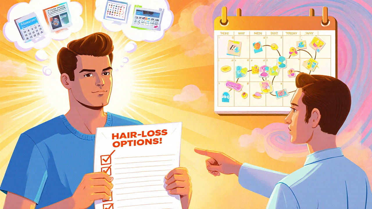 Cartoon man consulting a doctor, holding a checklist of hair‑loss options.