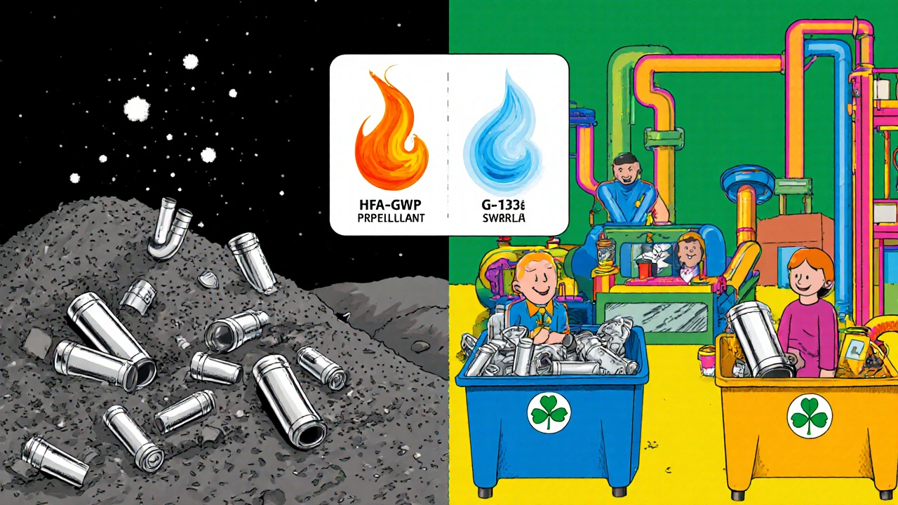 Cartoon of inhaler cans in a landfill versus a vibrant recycling plant showing waste and processing.