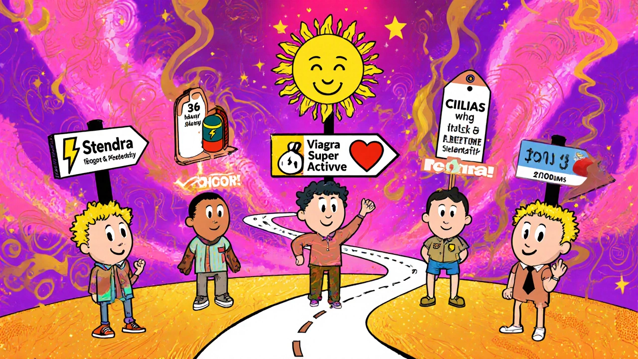 Cartoon road with signposts leading to different ED meds, surrounded by vibrant Peter Max style colors.