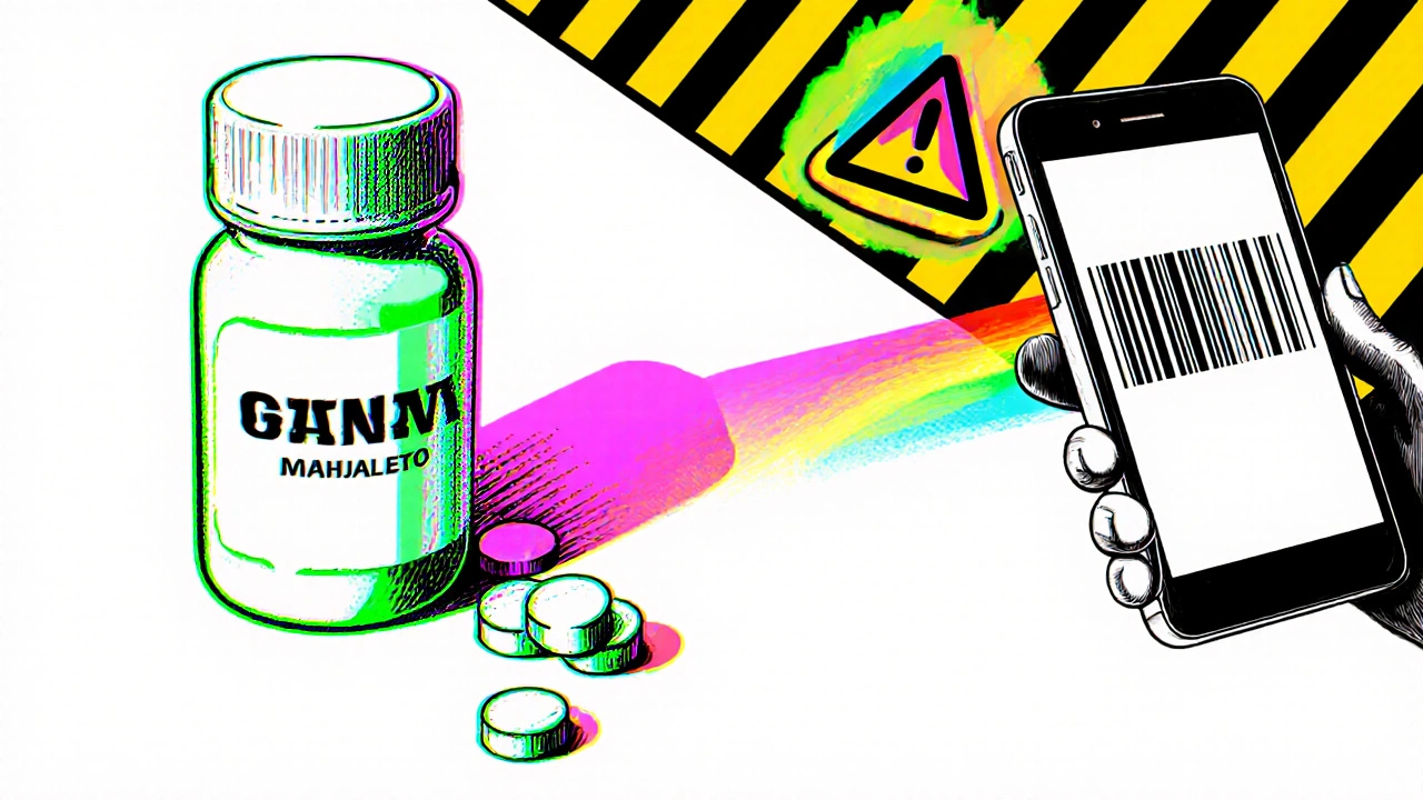 Close‑up of mismatched pill bottle with spectroscopy device and barcode scanner.