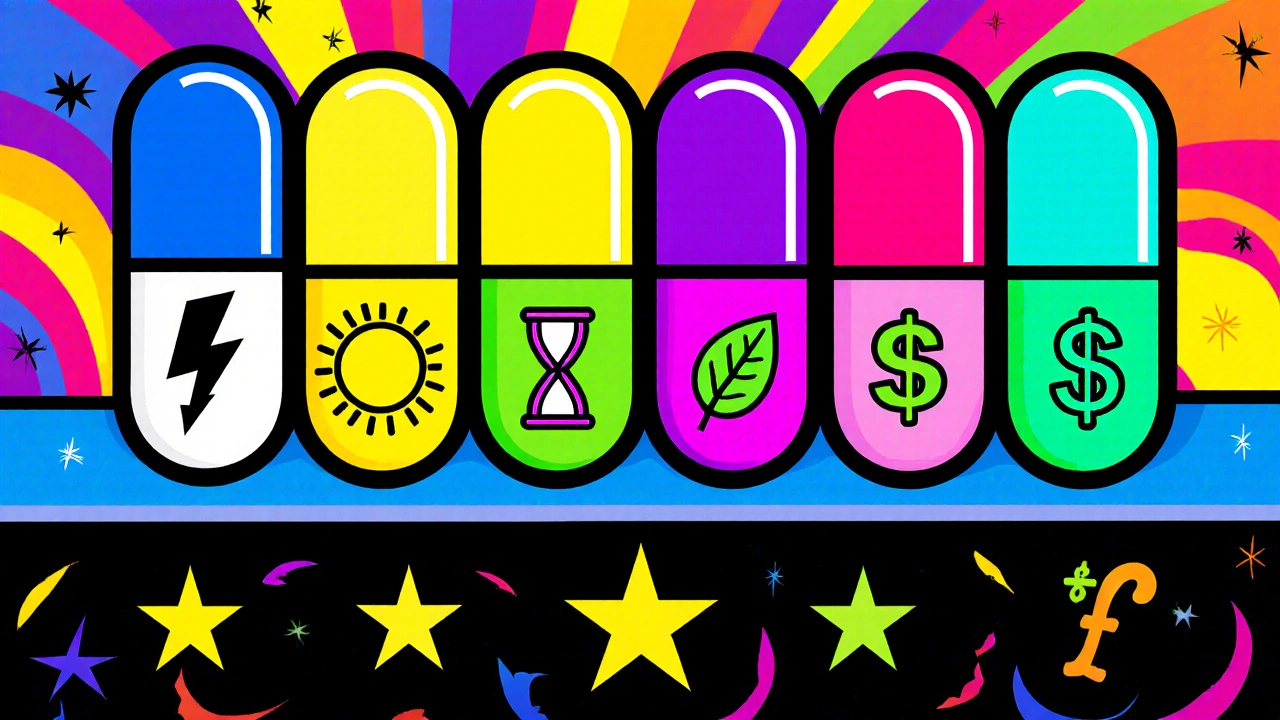Colorful lineup of five pills with icons for onset, duration, side effects, and cost on a psychedelic shelf.