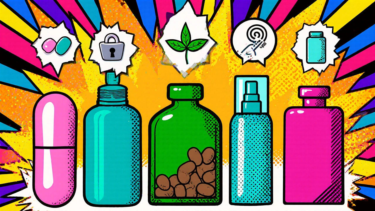 Colorful lineup of six hair‑loss treatments with icons showing their mechanisms.