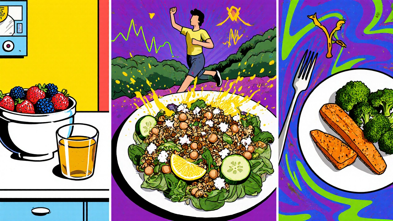 Colorful meal spread with yogurt, quinoa salad, salmon and exercise figures.