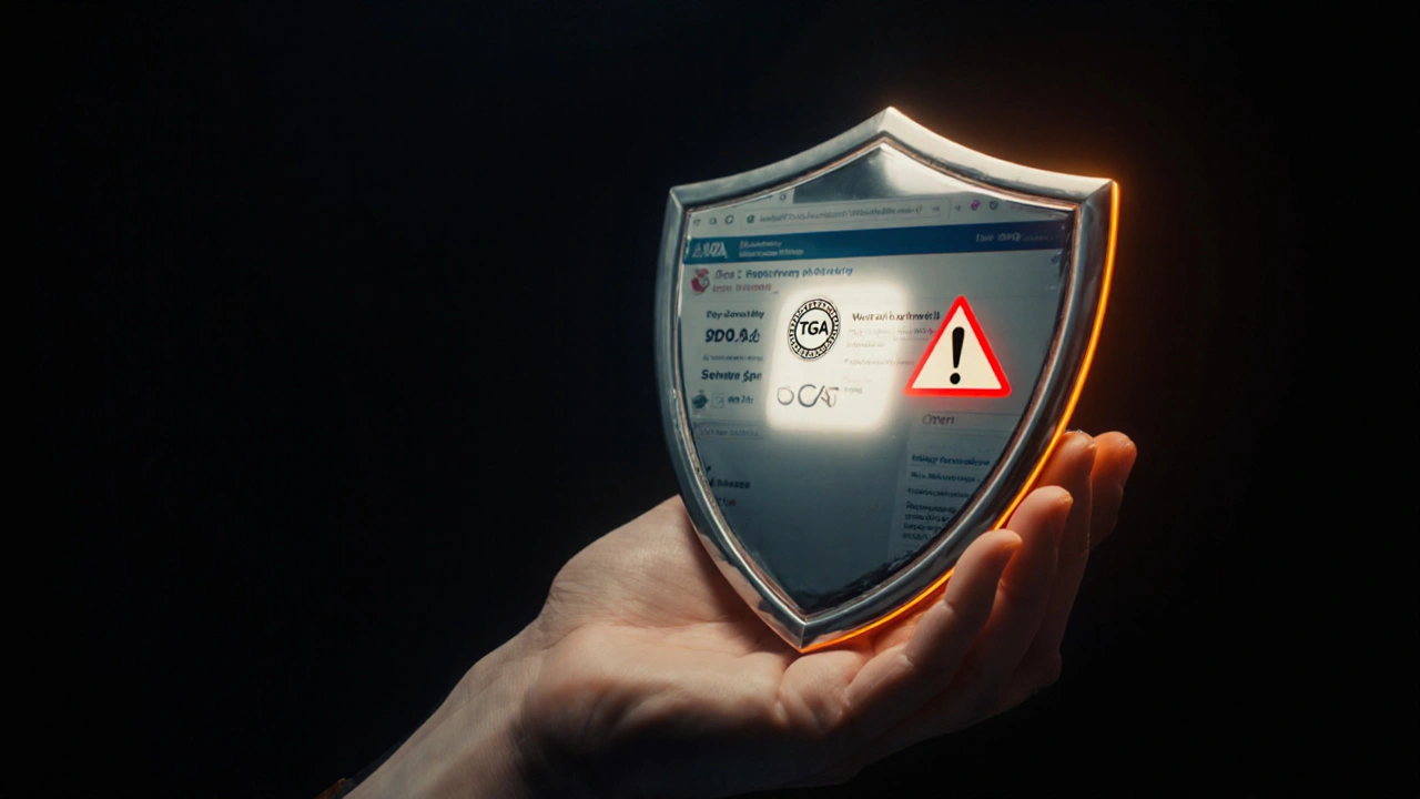 Contrast between a secure pharmacy shield and a red warning sign highlighting scam risks.