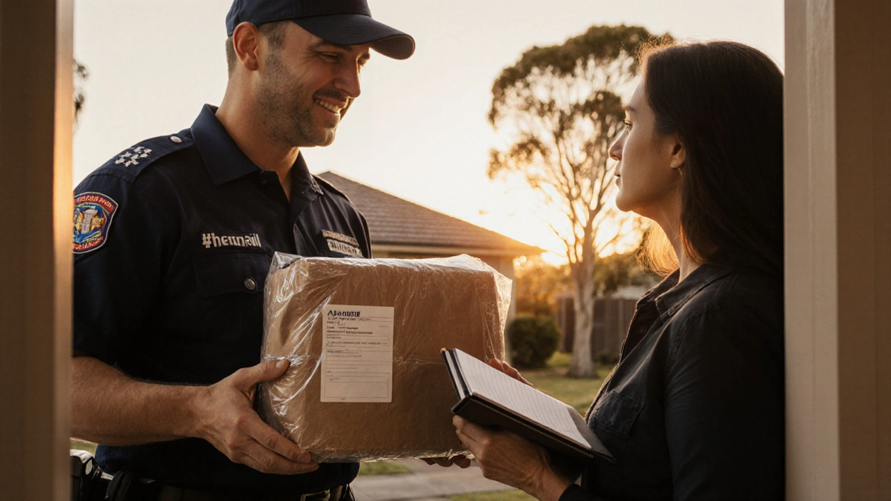 Courier delivering a sealed parcel to a happy recipient at an Australian doorstep.