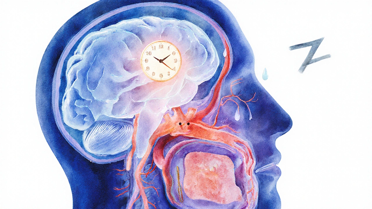 Cutaway view of a sleeping body highlighting dehydration effects on hormones, heart, and temperature.