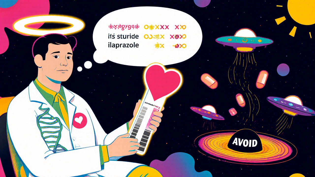 Doctor shows genetic test result, recommending safe alternatives to omeprazole for heart patients.