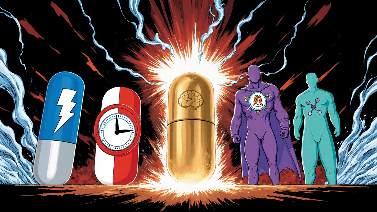 Five medication heroes posed dramatically for a comic showdown.
