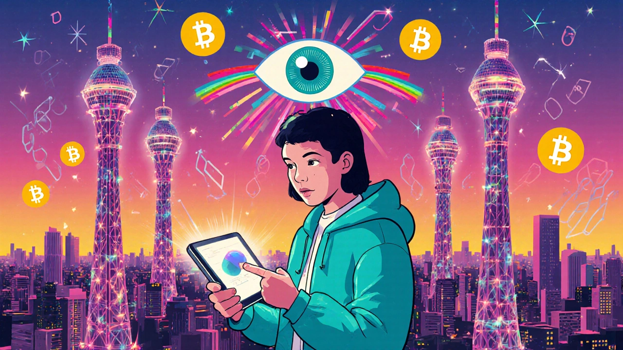 Futuristic city showing consumer using scanning tablet and AI eye for drug safety.