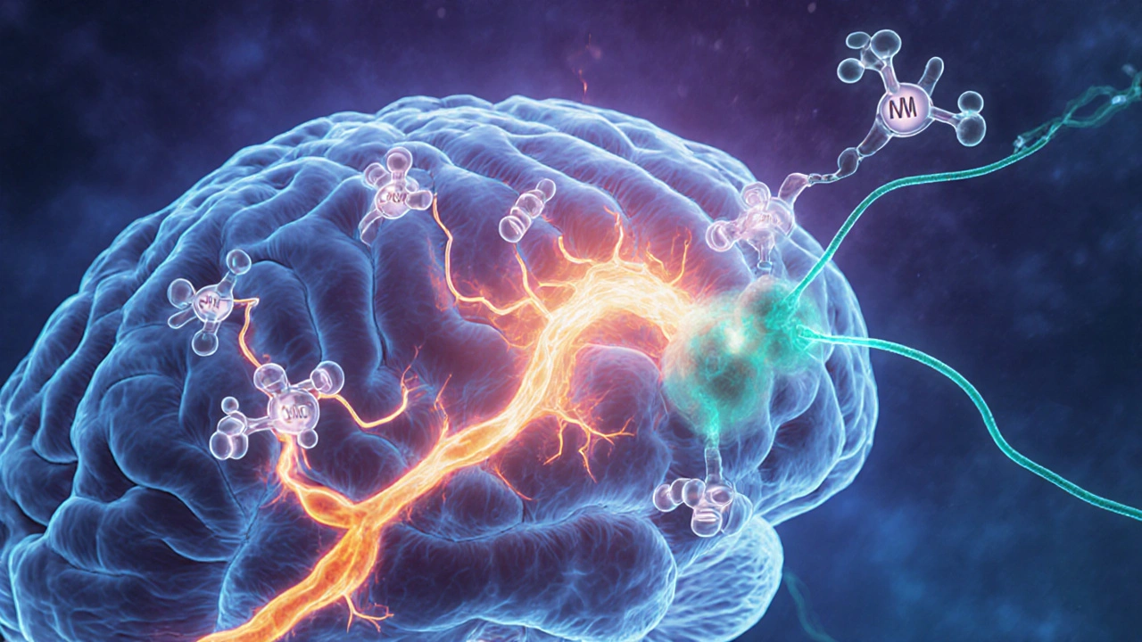 Illustrated brain showing dopamine pathways overpowering acetylcholine after anticholinergic binding.