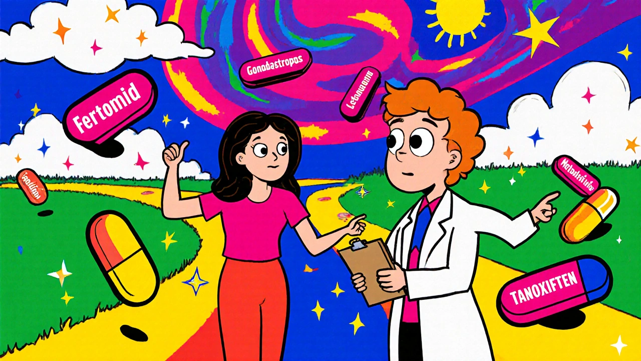 Illustration of a woman choosing between fertility medication options with a doctor.
