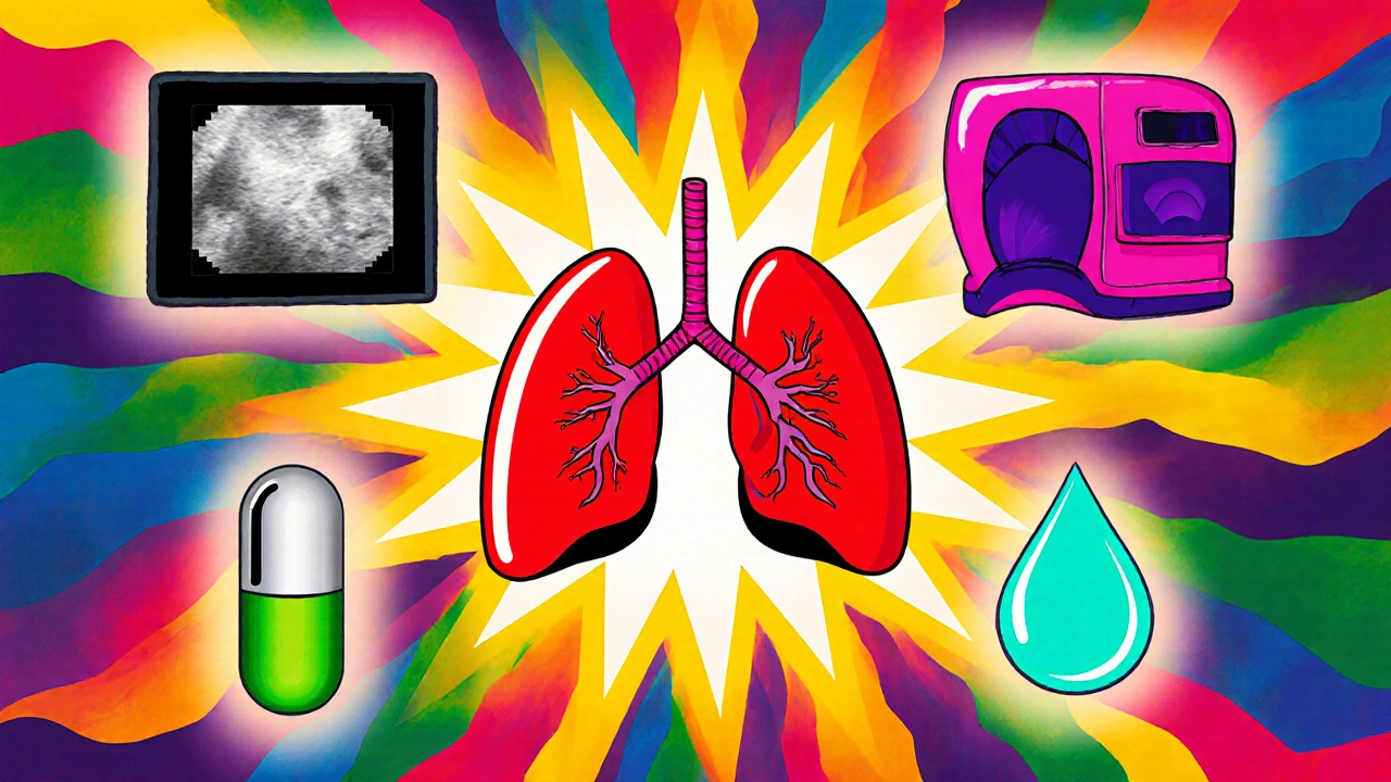 Illustration of heart‑lung treatment icons: meds, myectomy, diuretics, echo and MRI, with hopeful colorful backdrop.