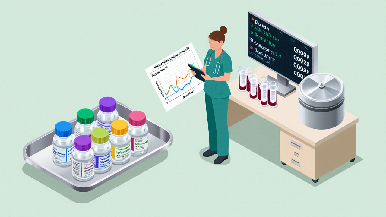 Isometric clinic scene with labeled drug vials, nurse, and lab monitoring equipment.