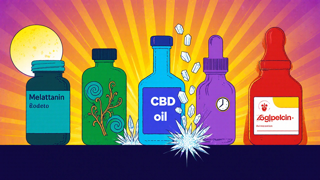 Lineup of colorful sleep‑aid bottles with icons showing melatonin, valerian, magnesium, CBD oil, and zolpidem mechanisms.