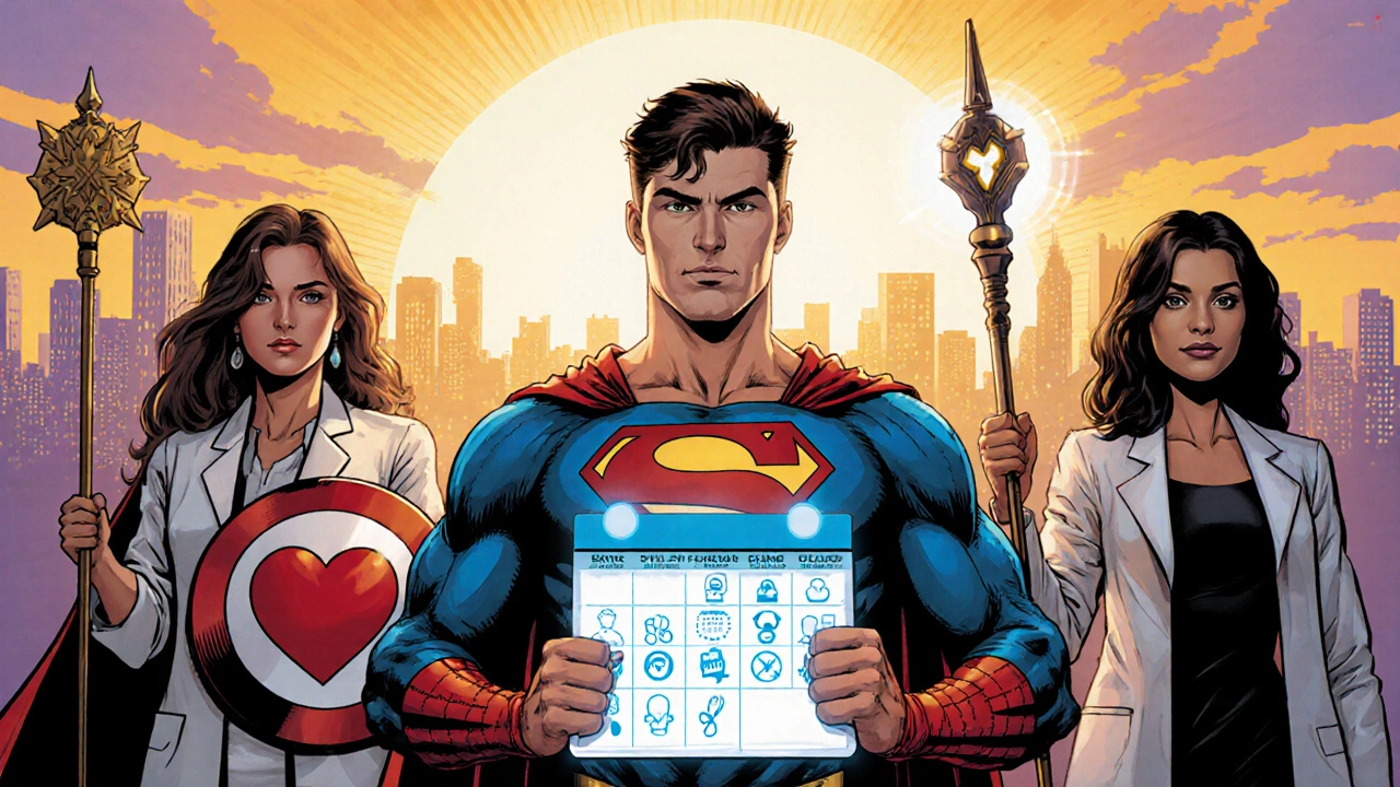 Multidisciplinary superhero team supporting a cancer survivor.