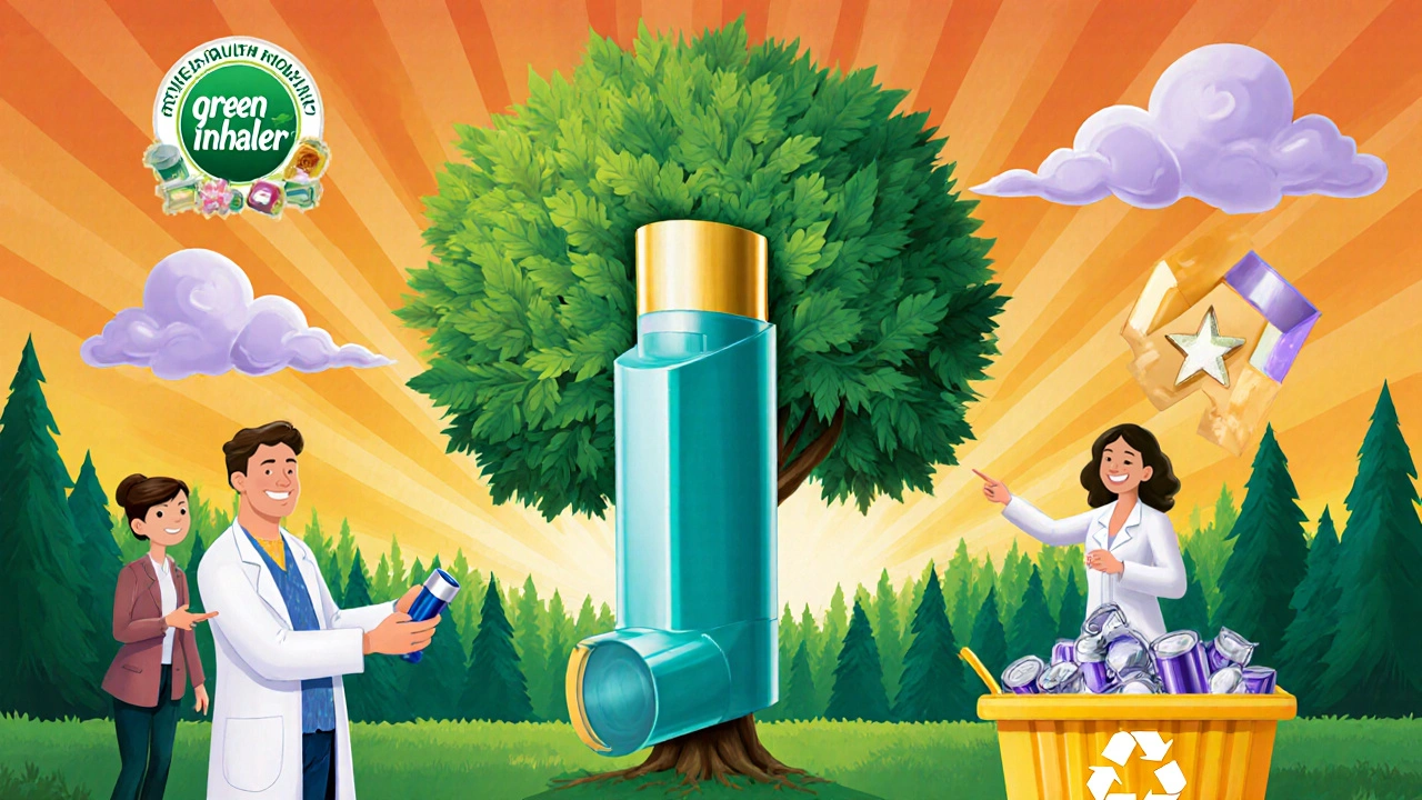 Optimistic cartoon of a green inhaler turning into a tree with doctors and recycling symbols, representing low‑impact options.