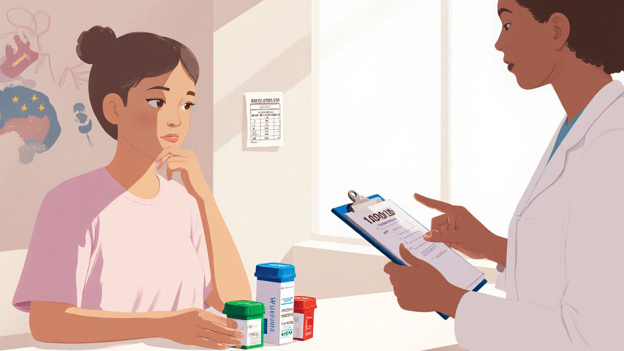 Patient at pharmacy reviewing medication boxes with pharmacist, reflecting on cost and safety.