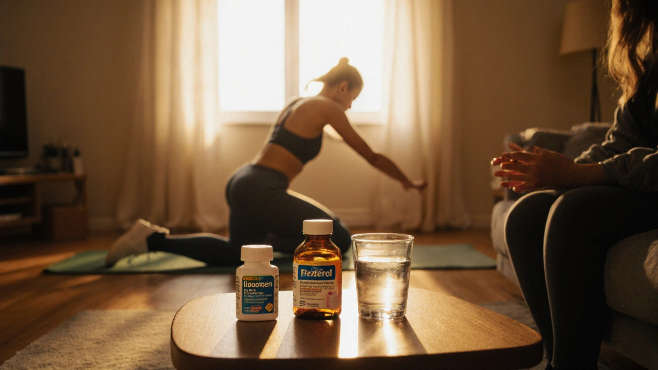 Patient performing home exercises beside Flexeril and ibuprofen bottles in a bright living room.