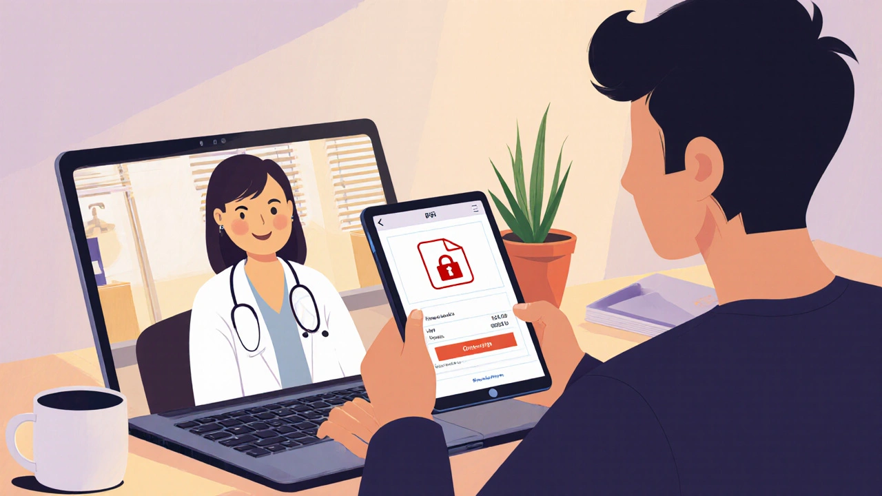 Person on a video call with a doctor, holding a prescription PDF and viewing a secure checkout.