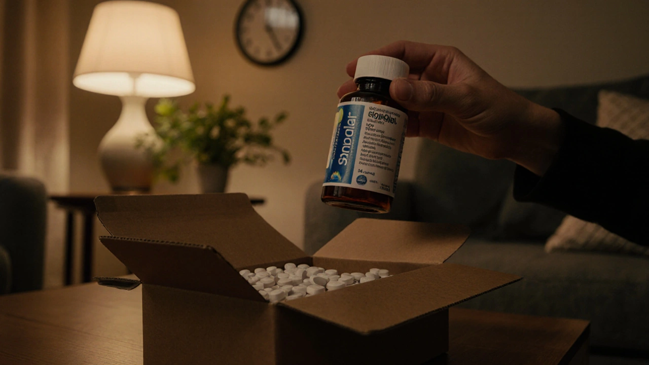 Person opening a delivery box, examining a labeled bottle of generic Singulair at home.