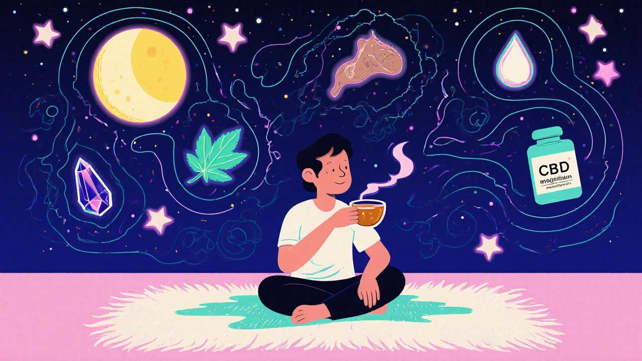 Relaxed person under a starry sky with pastel sleep‑aid symbols, sipping chamomile tea.