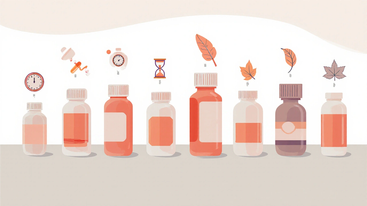 Row of different muscle‑relaxant pill bottles with visual cues for onset, duration, side effects.