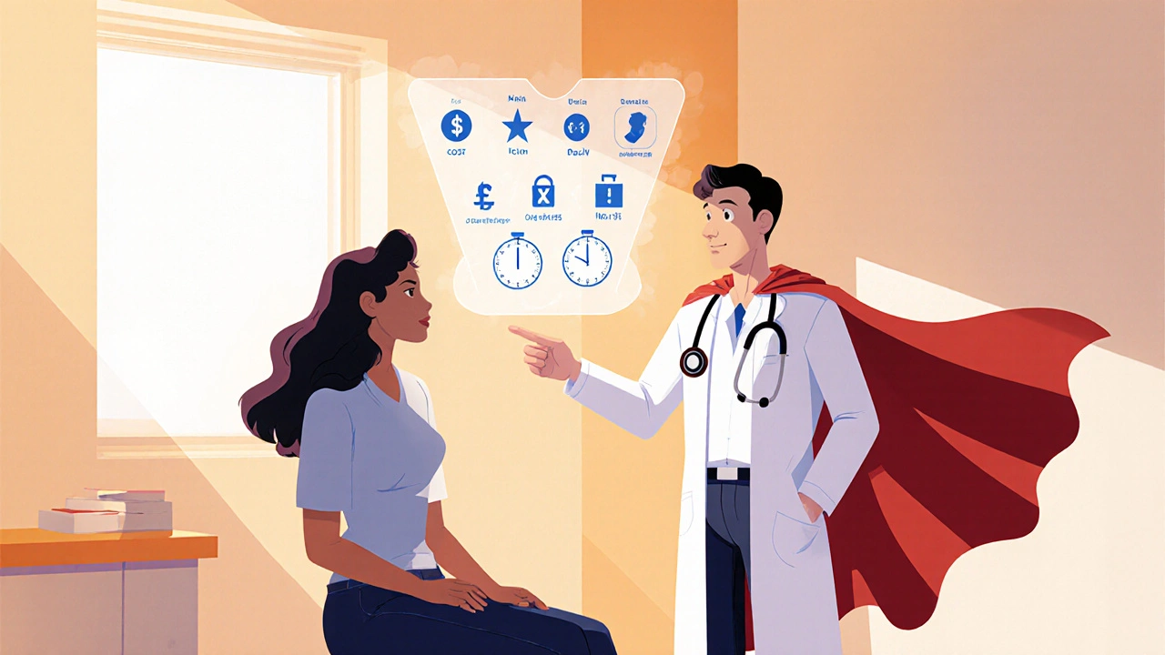 Superhero doctor guiding a woman through treatment options in a bright clinic.