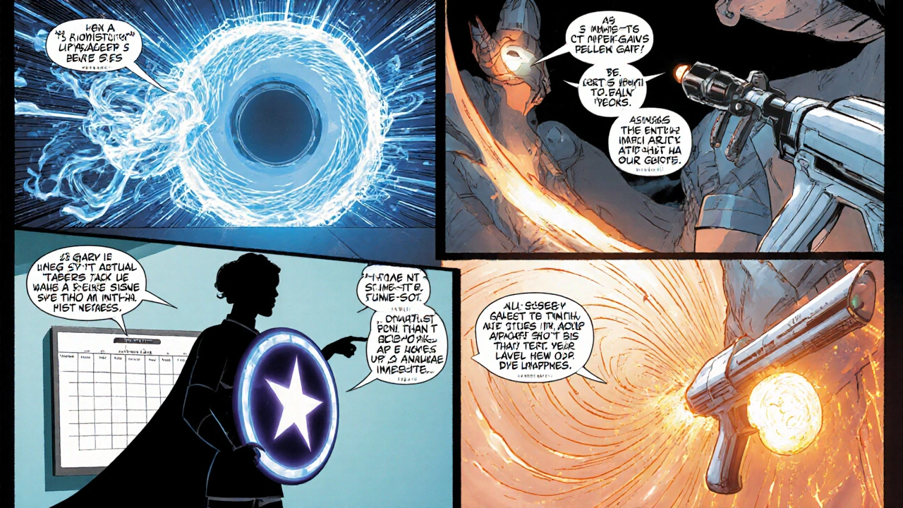 Superhero nurse overseeing follow‑up schedule with MRI portal.