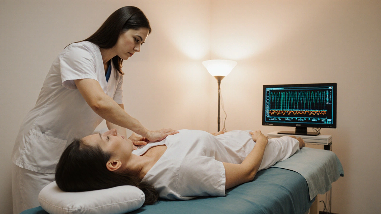 Therapist performing myofascial release on patient with biofeedback screen visible.