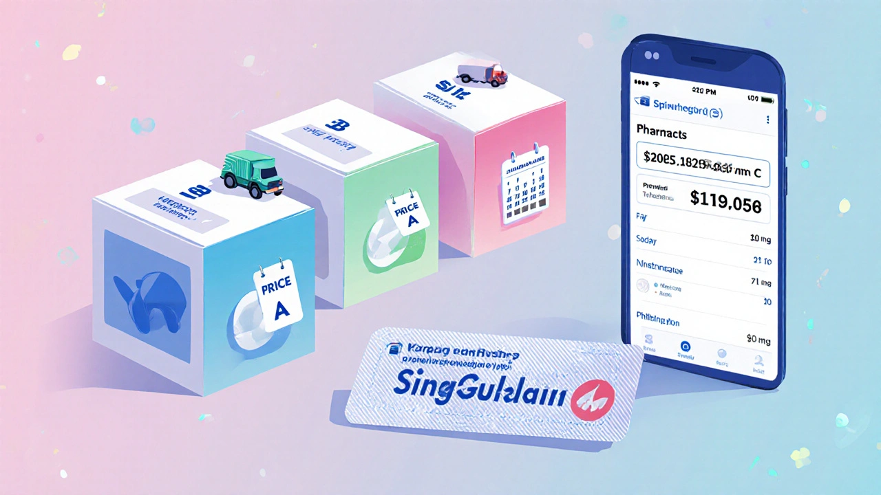 Three pharmacy boxes with price, shipping, and delivery icons next to Singulair tablets.