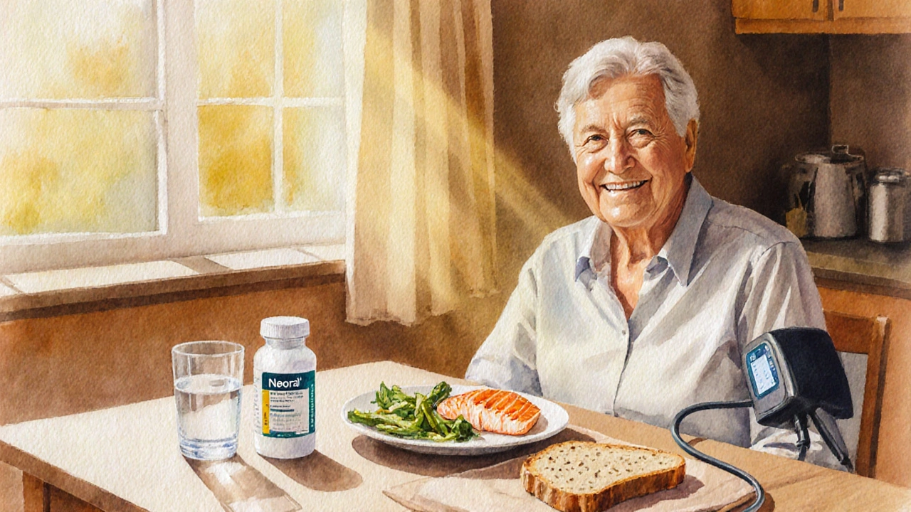 Watercolor of patient at kitchen table with medication, blood pressure cuff, and healthy food.