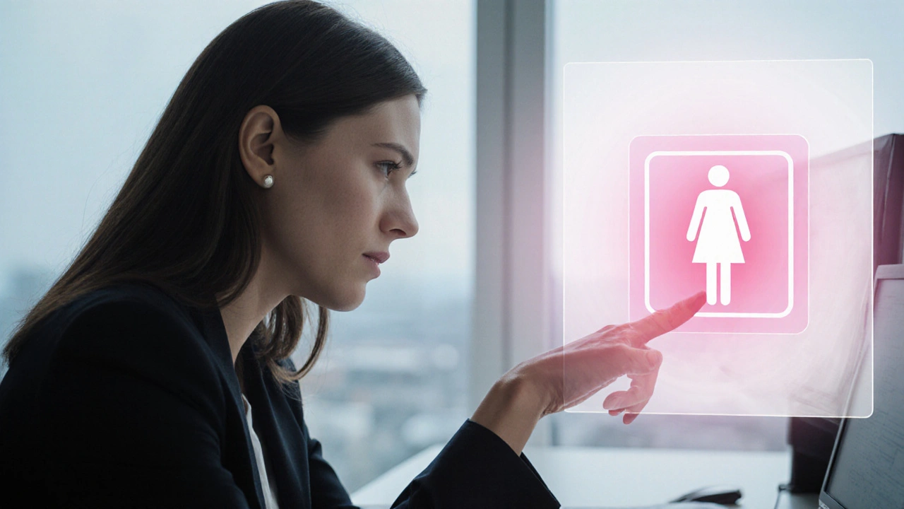 Woman at desk feeling urgency, highlighted bladder overlay.