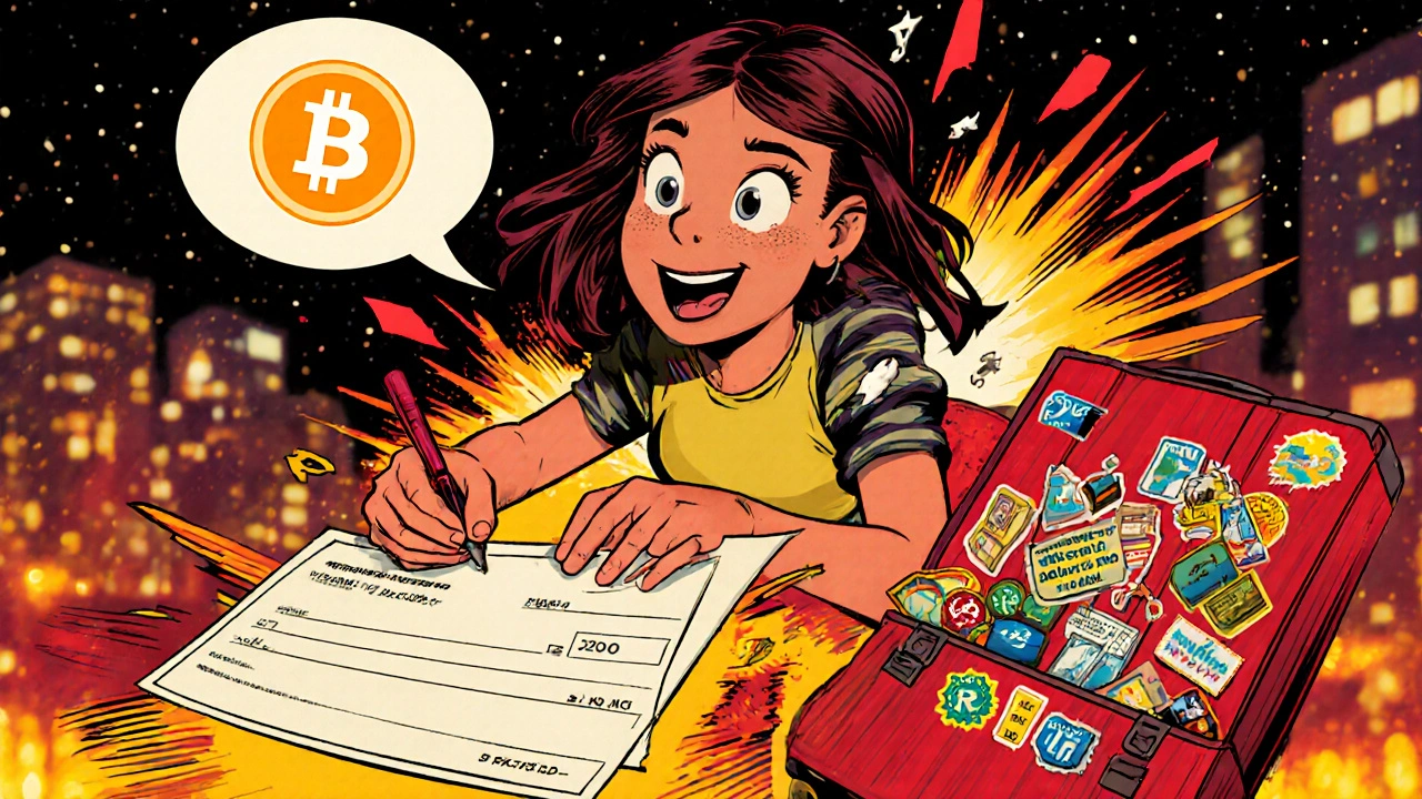 Young woman impulsively signing a check, with floating crypto icons and a packed suitcase in bright comic style.