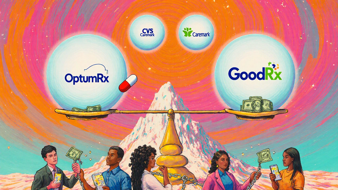 A cosmic scale balances a pill against a mountain of cash, with patients breaking free from PBM contracts.