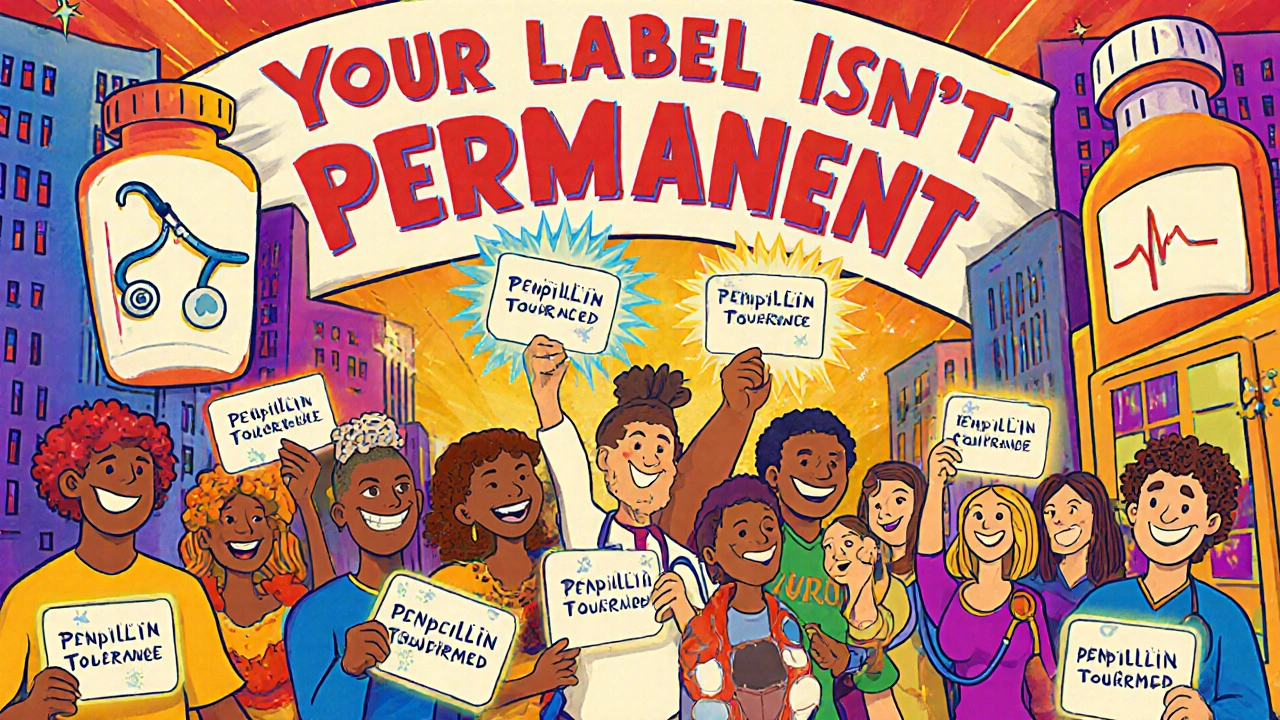 A diverse group celebrates with glowing cards that say &#039;Penicillin Tolerance Confirmed&#039; in a psychedelic city.