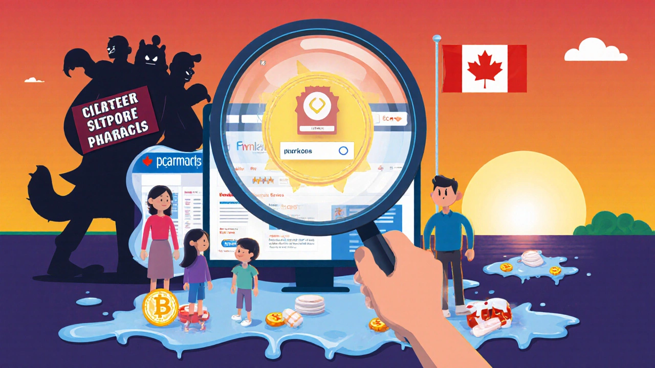 A family verifying a .pharmacy website while fake sites melt away, with a legitimate Canadian pharmacy in the distance.