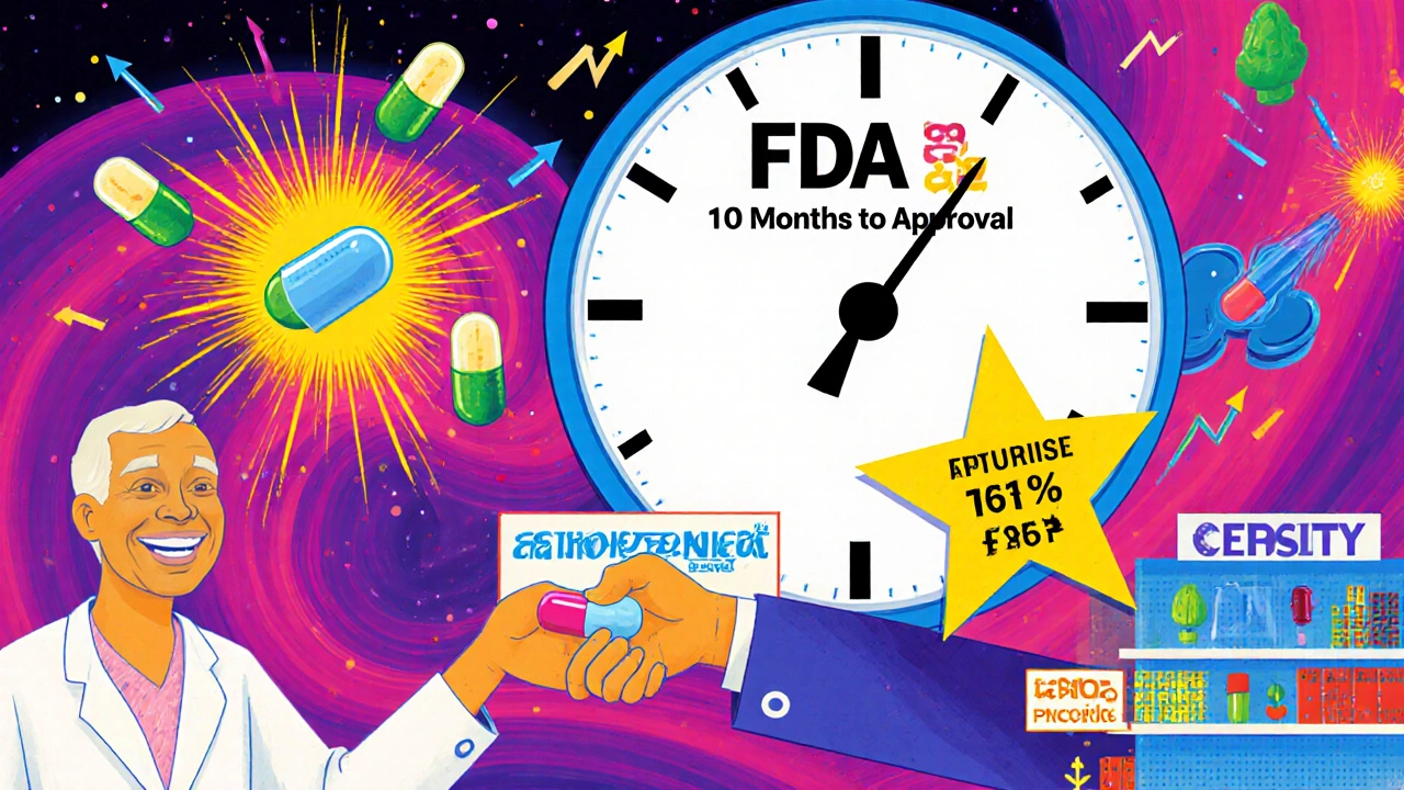 A futuristic pharmacy with flying generic pills, an FDA clock, and a handshake-shaped authorized generic under neon cosmic lights.