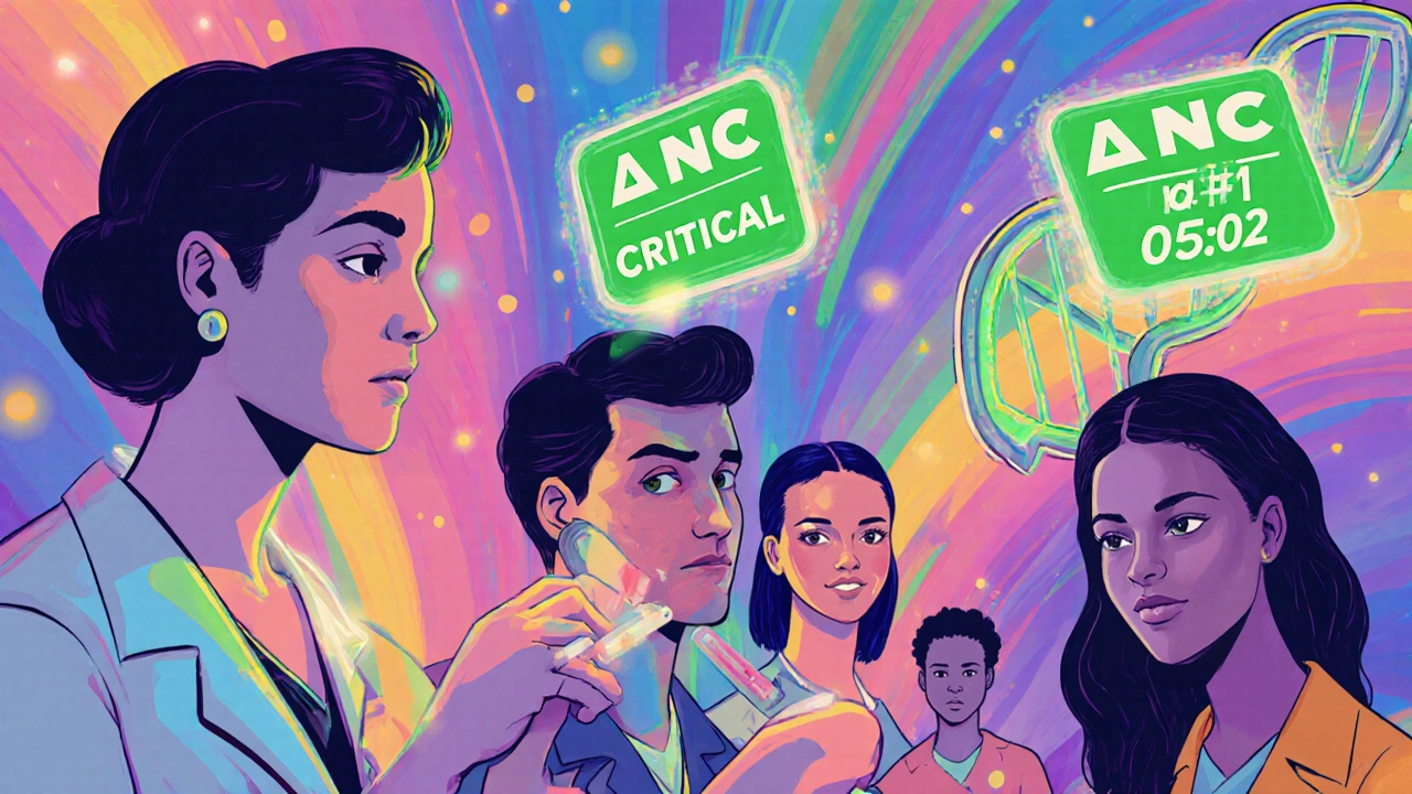 A patient getting a quick blood test with AI alerts and genetic shield, surrounded by protective medical symbols in colorful cartoon style.