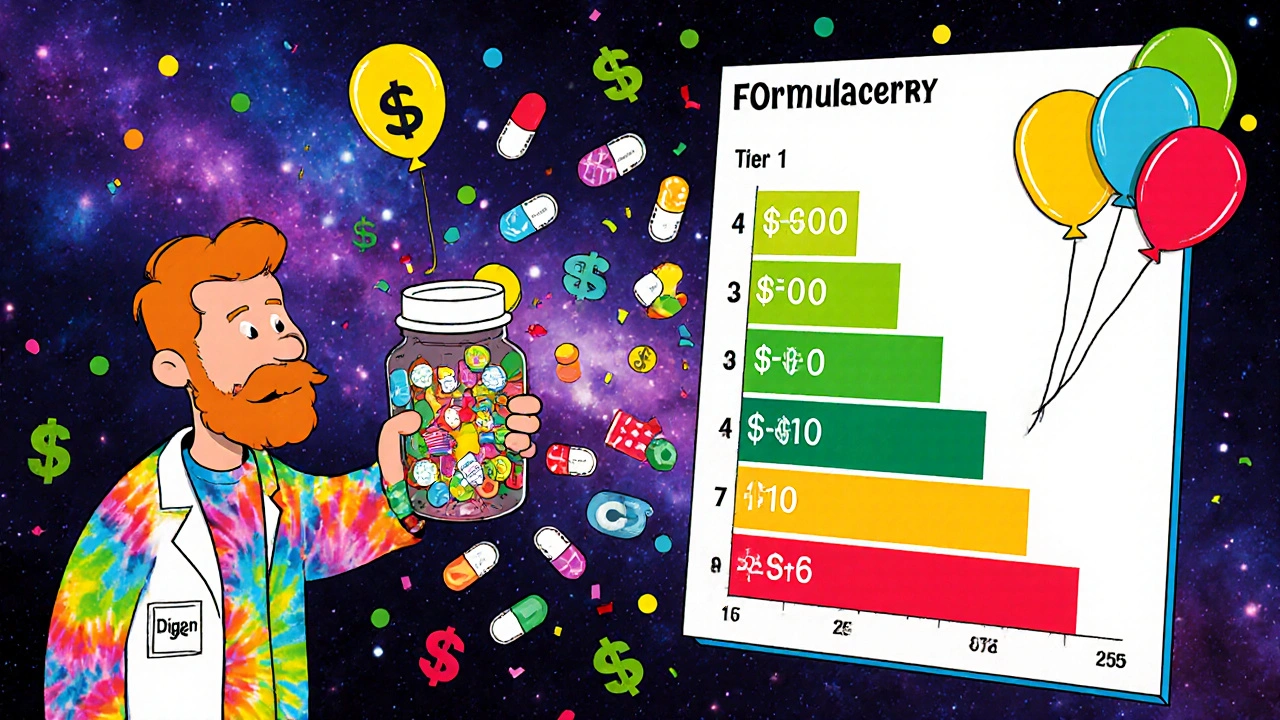 A patient holding a pill that turns into many colorful generic versions, with a pharmacist pointing to a tiered formulary chart.
