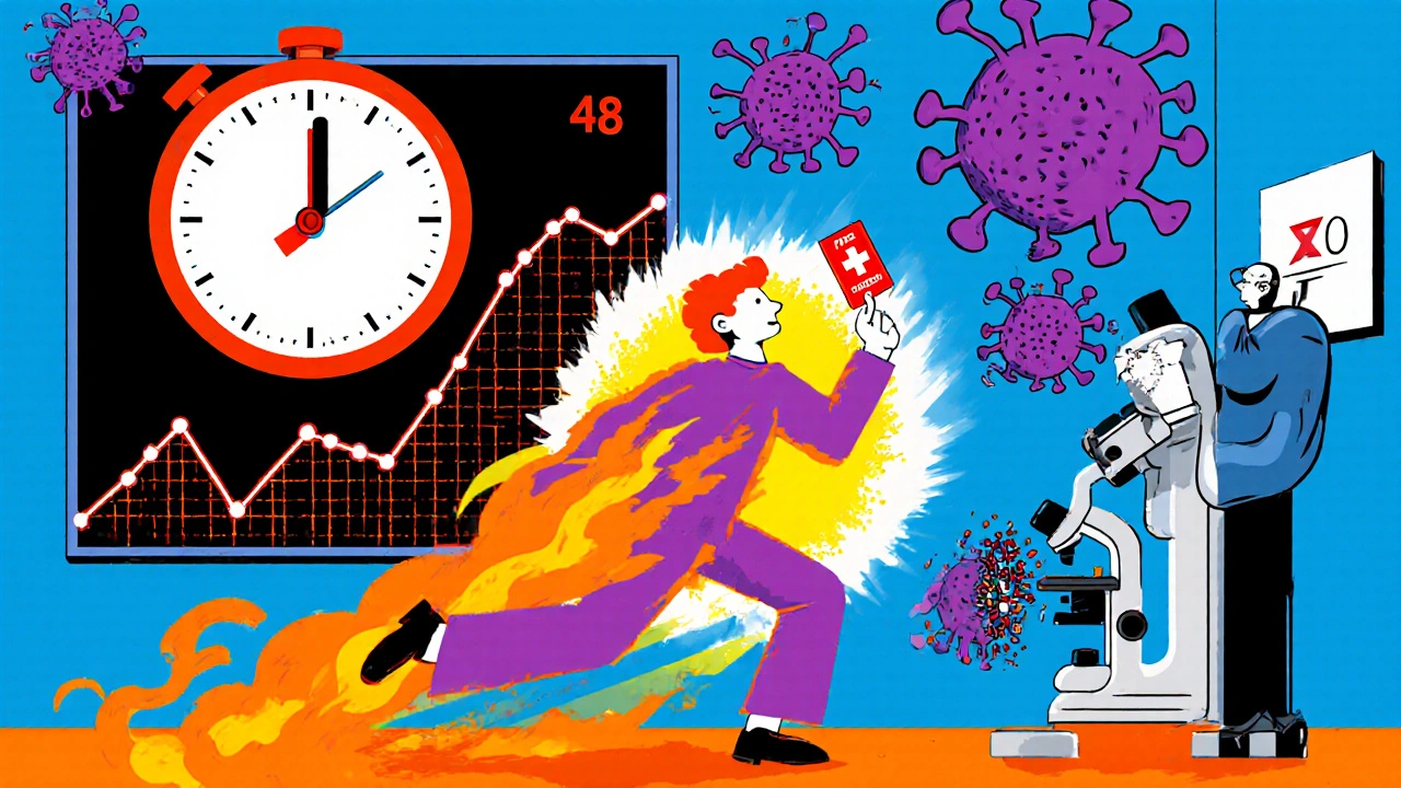 A patient rushing to ER with fever glow, neutrophils fleeing, and plummeting blood count graph in vibrant cartoon style.