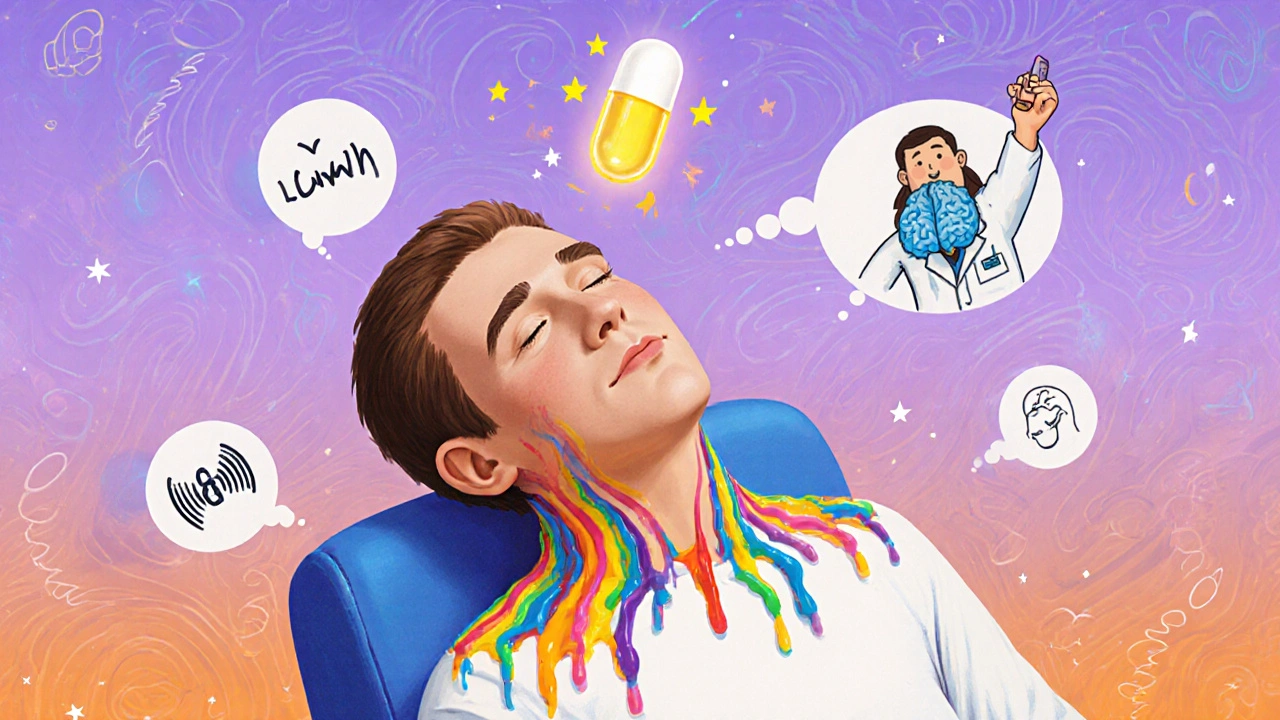A patient surrounded by healing icons like hearing aids and CBT bubbles, with tension melting into rainbow ribbons.