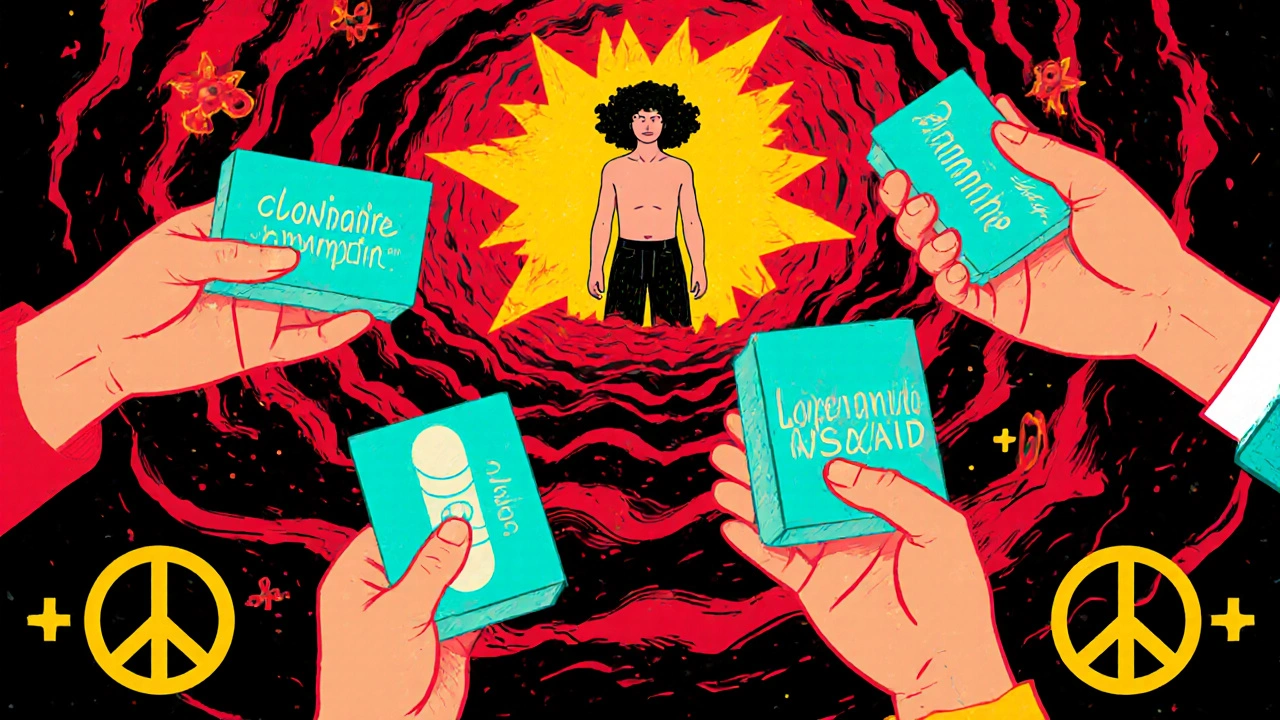 A person lifted above withdrawal chaos by supportive hands holding medications.