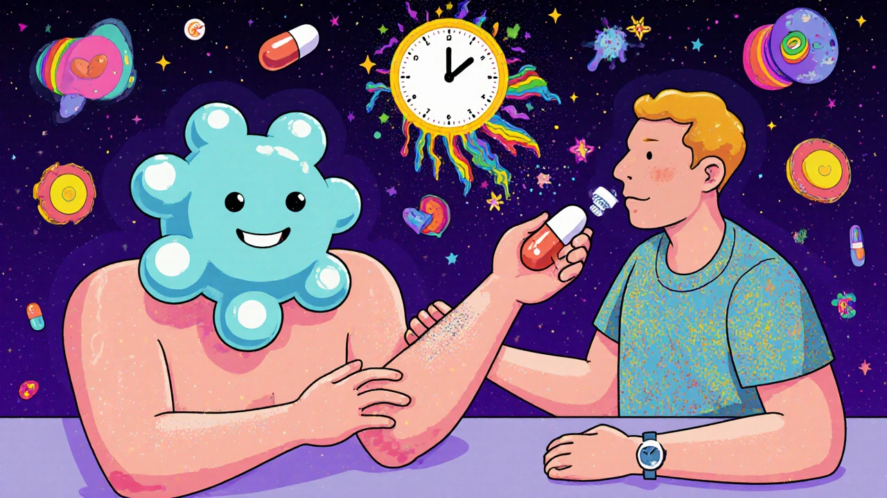 A person undergoes a whimsical three-step penicillin allergy test with floating medical symbols.