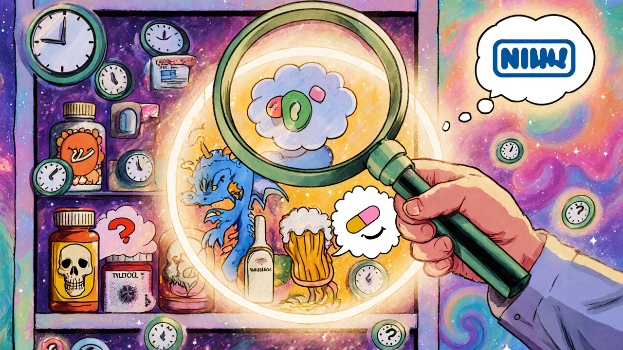 A pharmacist using a magnifying glass to reveal hidden dangers in medicine bottles.