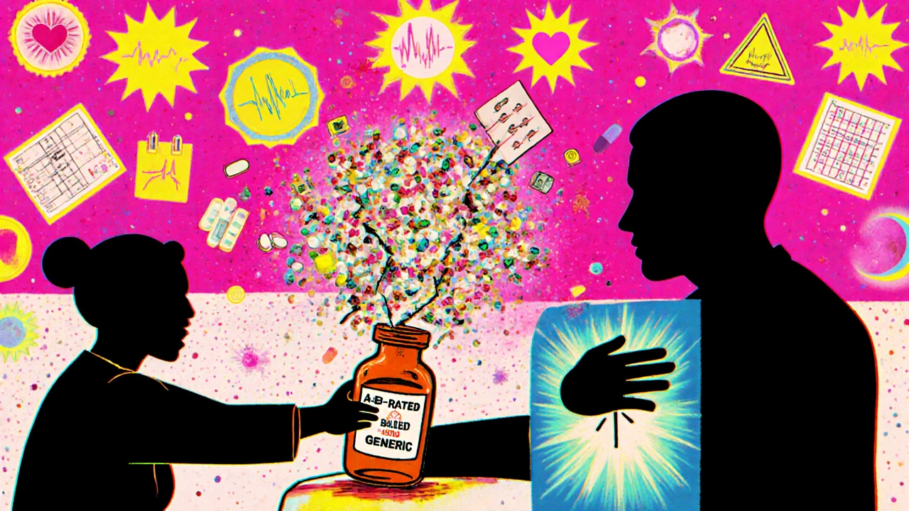 A pharmacy scene with a cracking generic pill bottle releasing chaotic pill shapes, patient’s shadow showing distress.