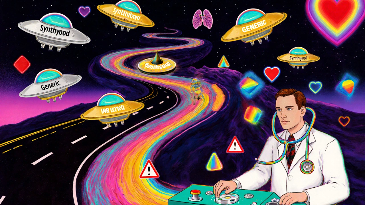 A psychedelic bloodstream with drug molecules as UFOs, a doctor adjusting INR levels amid glowing medical icons.