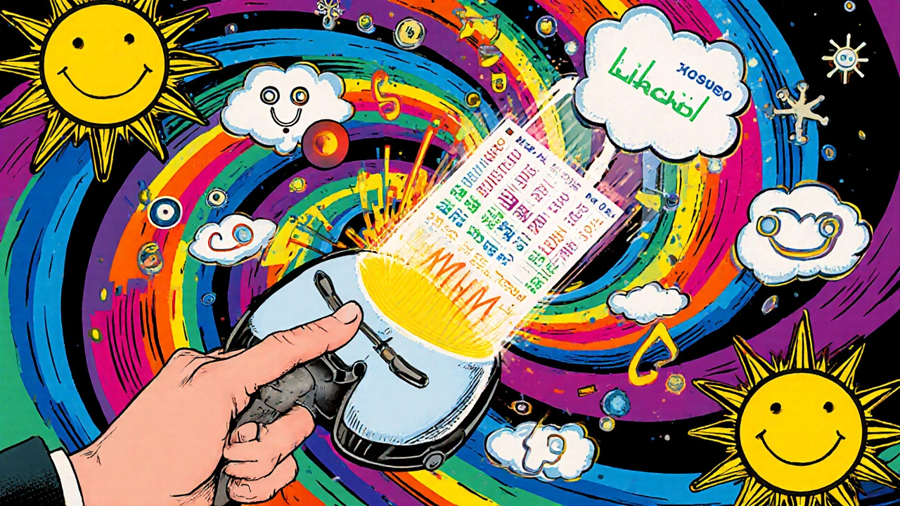 A rainbow flower device emits light from a finger, creating a data vortex of AI predictions and breath analysis symbols.